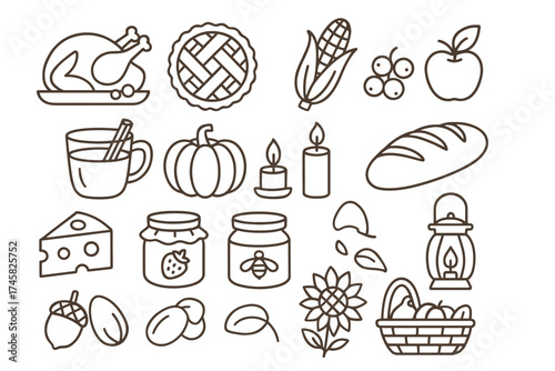 Thanksgiving harvest icons: turkey, pumpkin, corn, apple, pie, bread, lantern, basket