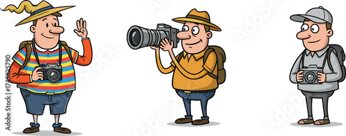 Cartoon photographers, travel outfits, camera gear, tourist style, character diversity, outdoor exploration, vector illustration, adventure, casual clothing, snapshot moment