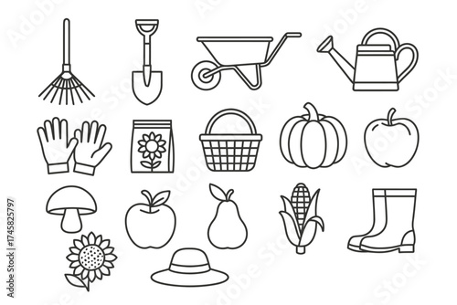 Gardening tools and produce line art collection