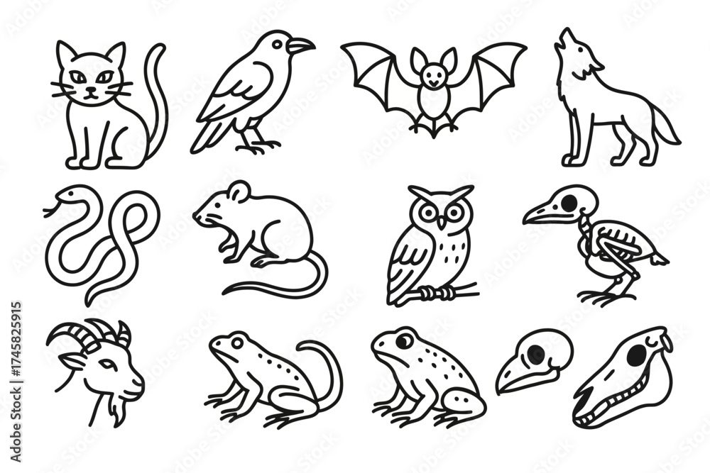 Obraz premium Animal icons featuring cat, bird, bat, wolf, snake, rat, owl, skeleton, goat, frog, skull