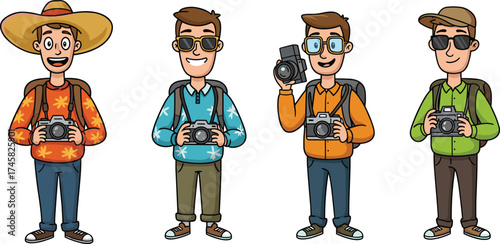 Cartoon photographers, camera gear, travel outfits, backpack, character diversity, snapshot moment, outdoor style, vector illustration, tourism, adventure, exploration