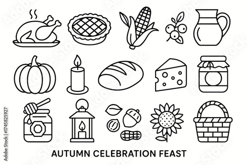 Autumn celebration feast icons: turkey, pumpkin, corn, basket, cheese, honey, seasonal harvest
