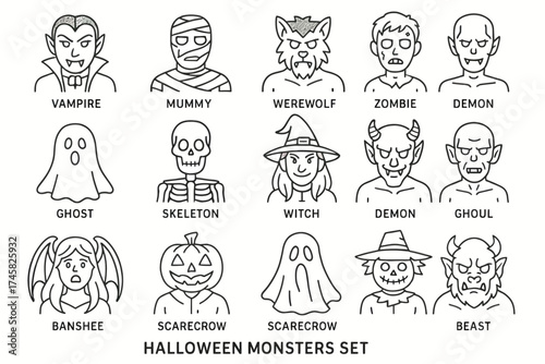 Halloween monsters set featuring vampires, mummies, werewolves, and more