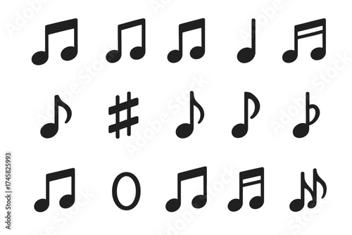 Collection of 15 musical notes and symbols in black on white background