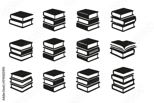 Collection of book pile icons in black on white background