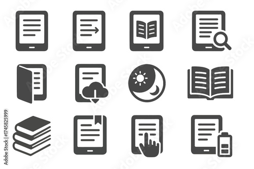 Digital reading icons set: e-books, tablets, and cloud storage