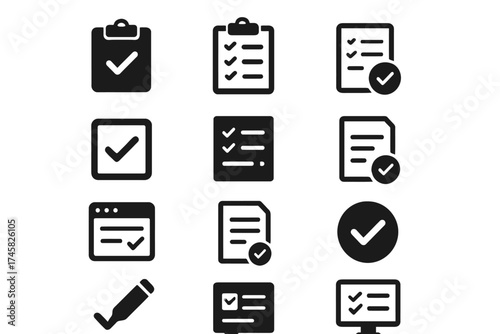 Collection of various checklist and approval icons in black and white