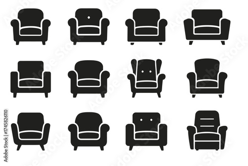 Set of twelve armchair silhouettes black isolated on white background