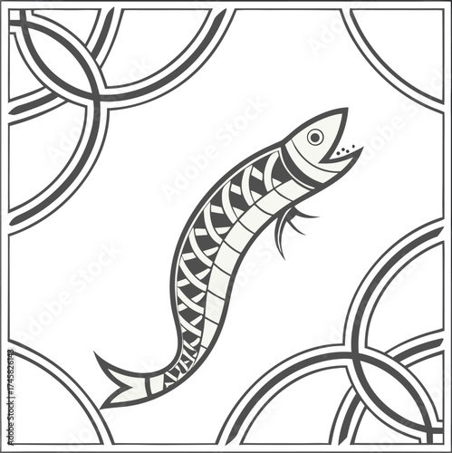 Fish seamless patteren stylized sardine illustration vector design on tile traditional Portuguese symbol for souvenir and d