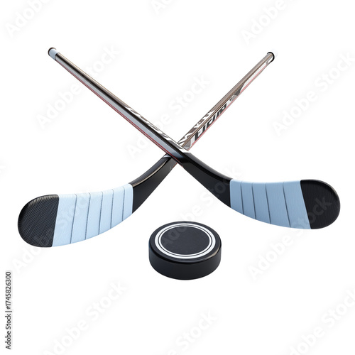 Two hockey sticks, crossed in an X formation, along with a hockey puck on a smooth surface, symbolizing a passion for sport.
