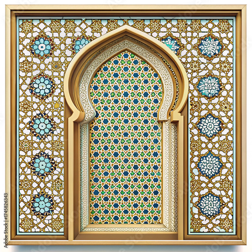 Intricate islamic geometric pattern with arched niche and detailed tile work in warm wood frame