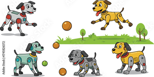 Cartoon robot dog, playful pet, futuristic puppy, vector illustration, tech animal, digital companion, cute design, AI creature, fun character, smart toy