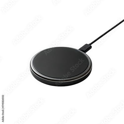 Black wireless charging pad with cable isolated on transparent background