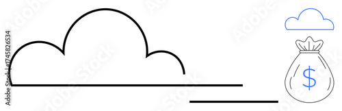Cloud outline paired with a dollar-marked money bag emphasizes cloud computing, economic growth, digital savings, and financial innovation. Ideal for technology, finance, growth, innovation