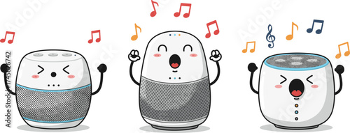 Cartoon smart speakers, music fun, AI voice assistant, singing characters, colorful notes, joyful expression, vector illustration, isolated, playful design