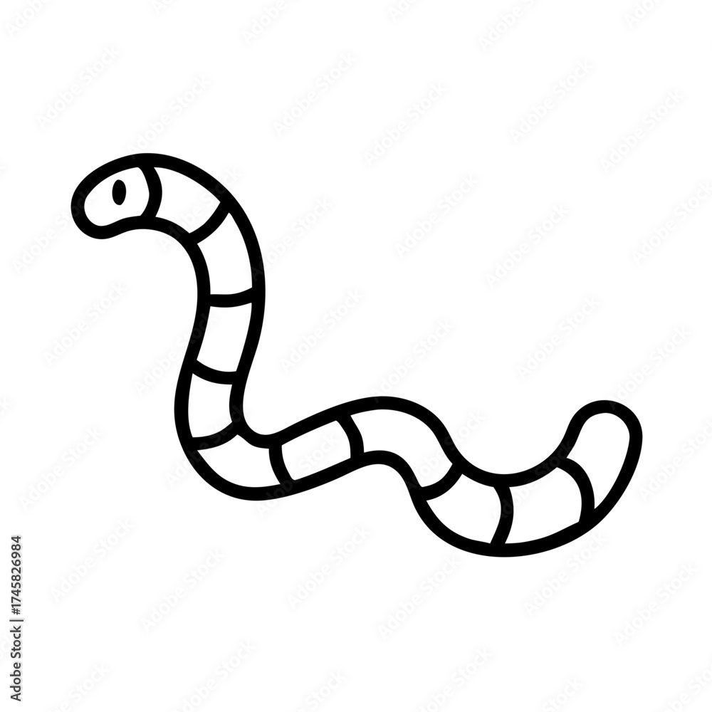 Fototapeta premium Cute cartoon worm illustration in simple black line art style 