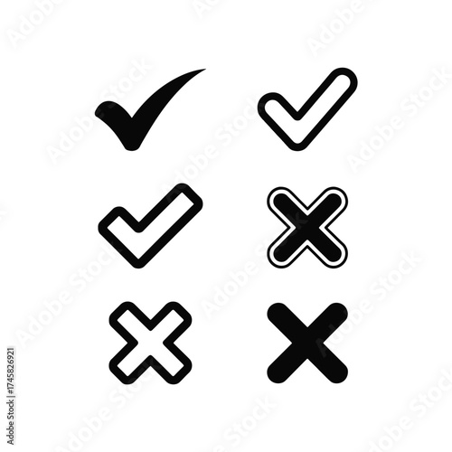 Black check mark and cross symbols in various styles on white vector