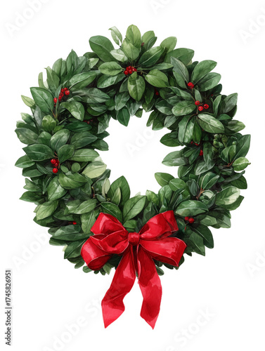 Highly detailed watercolor Christmas wreath in an oval shape, featuring various evergreen leaves and mistletoe berries with a red bow, clipart style, isolated on a white background.