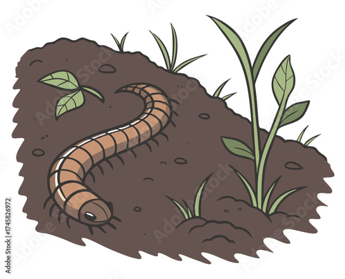 Worm crawling through soil with green plants and grass  