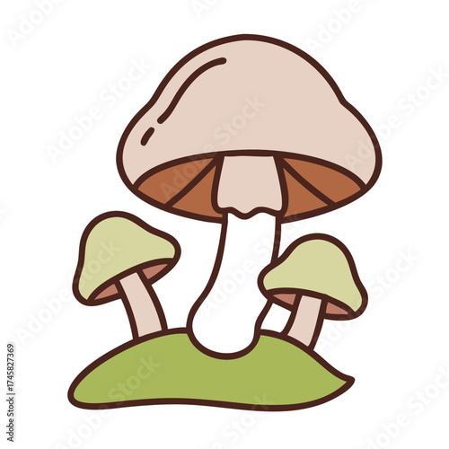 Cartoon mushrooms growing on green grass with a simple design  