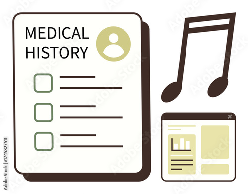Medical history form with checklist, a data chart window, and music note. Ideal for health, wellness, digital health tracking, medical record keeping, productivity, organization simple flat metaphor