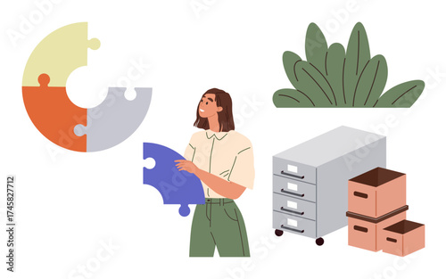 Young woman handles large puzzle piece near filing drawer, cardboard boxes, lush greenery, and segmented circular chart. Ideal for problem-solving, organization, strategy, teamwork, planning growth