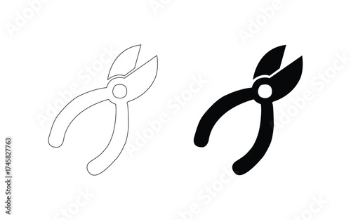scissors cut out, Two styles of pliers one outlined and one silhouette isolated on white background