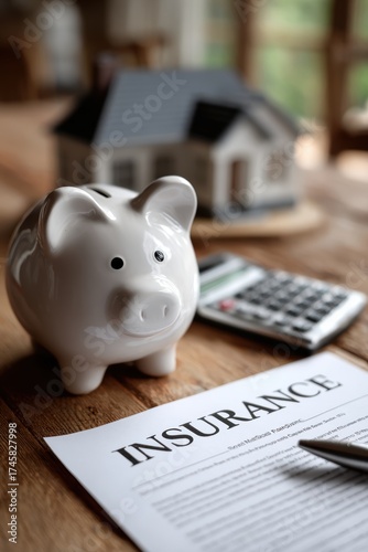 White piggy bank with insurance document and model house, concept of financial protection and home investment, ideal for insurance campaigns or mortgage brochures