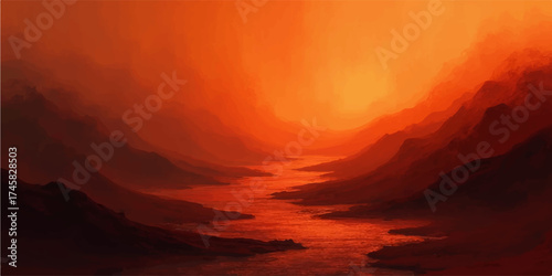 A dramatic cloudscape of orange and red paints the beautiful evening sky over a vast, fiery desert and the shadowy mountains