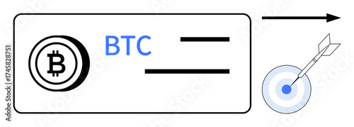 Bitcoin logo next to account details and arrow hitting a target. Ideal for digital currency, finance management, goal achievement, precision, cryptocurrency, fintech innovation, simple flat metaphor