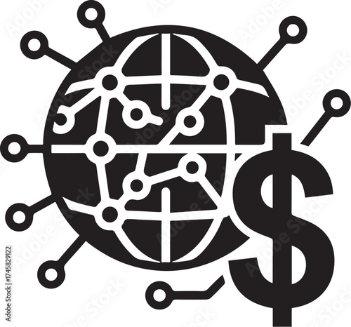 Globe dollar symbol with node links line icon