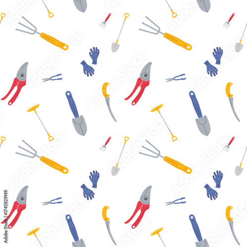 Garden tools scattered on a white background for home gardening and landscaping projects