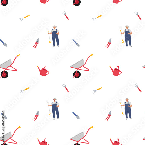Gardening tools and gardener pattern in bright colors for gardening enthusiasts