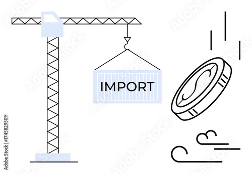 Crane hoisting import container alongside falling coin indicating global trade, finance, and commerce. Ideal for economy, import-export, logistics, investment, trade, business and management themes