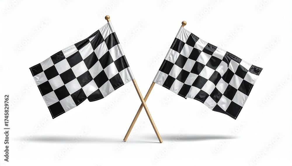 Fototapeta premium Two black-and-white checkered racing flags crossed at the poles, set against plain white background