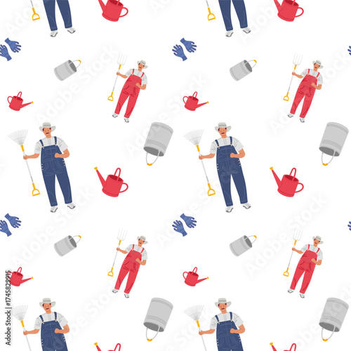 Gardener with tools and equipment in a colorful, patterned design for gardening enthusiasts