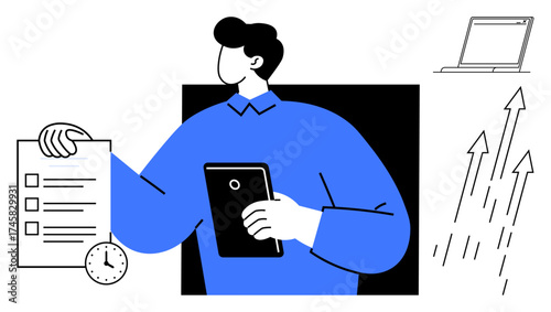 Person holding a tablet and checklist with ticking clock. Laptop and upward arrows signify progress. Ideal for productivity, workflow, goal setting, planning, time management, growth, business ideas