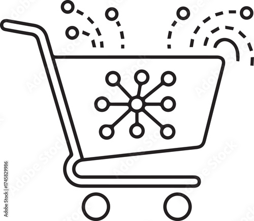 Shopping cart with neural signals line icon on white background 