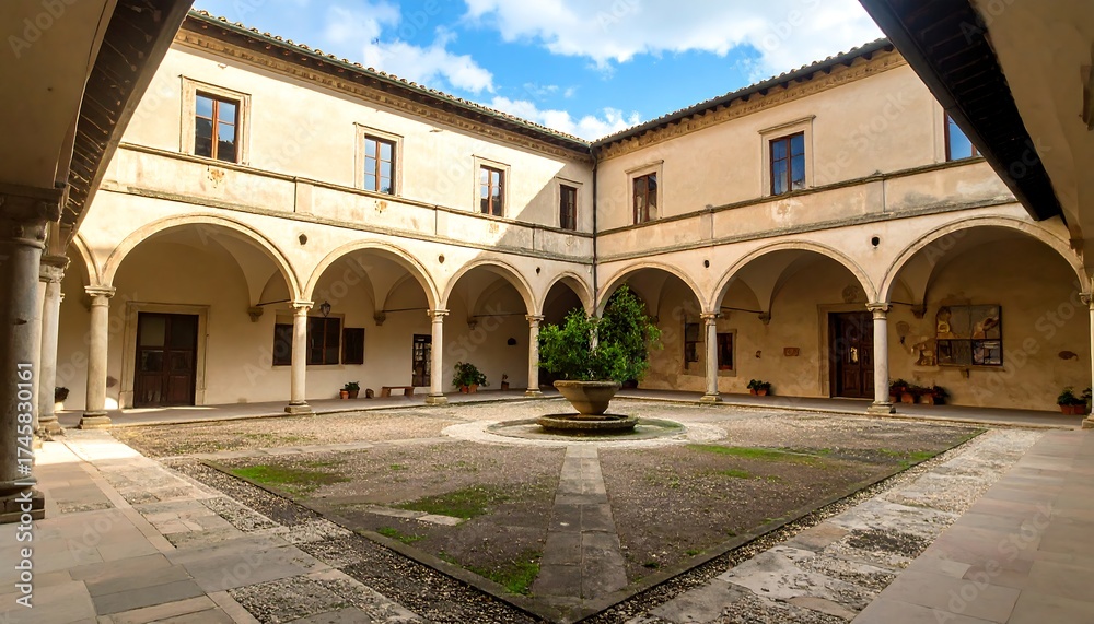 Fototapeta premium Sun-drenched courtyard, arches, and ancient stone