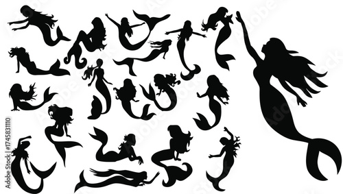 mermaid, mermaids, silhouette, mythical, creature, fantasy, female, woman, siren, sea, ocean, water, collection, set, group, variety, poses, swimming, sitting, lying, playful, magical, underwater, leg