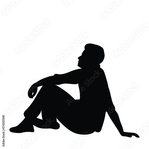 silhouette, man, sitting, male, figure, black, isolated, white background, contemplative, thoughtful, relaxed, pose, resting, looking up, profile, casual, person, solitary, calm, peaceful, introspecti