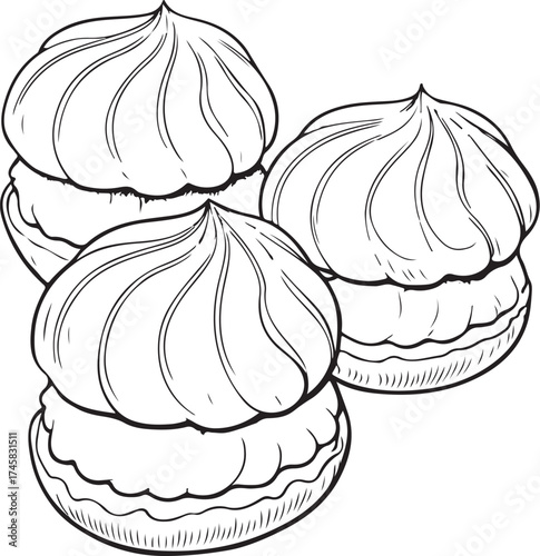 Profiteroles Dessert Simple Hand-drawn Sketch Doodle Drawing Vector Illustration, Black and white Line Linear Isolated Art