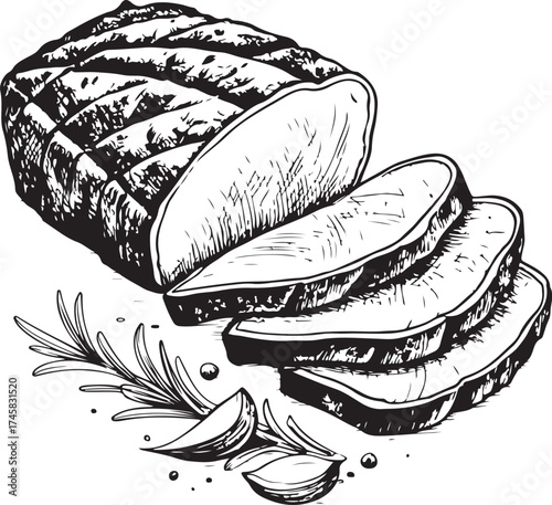 Roast beef slices Meet Simple Hand-drawn Sketch Doodle Drawing Vector Illustration, Black and white Line Linear Isolated Art