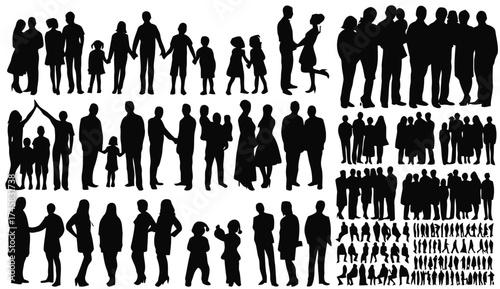 people, human, silhouette, collection, set, group, variety, poses, standing, holding hands, family, children, adults, men, women, figures, diverse, interaction, relationships, human shapes, human outl