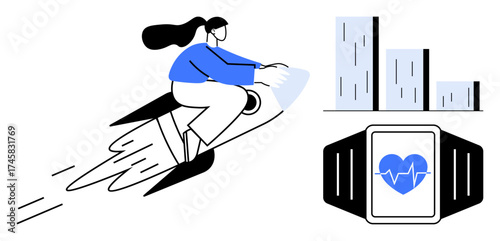 Woman on rocket symbolizing ambition and growth, smartwatch with heart monitor, bar graph analytics. Ideal for innovation, motivation, health, productivity, fitness progress, career growth simple