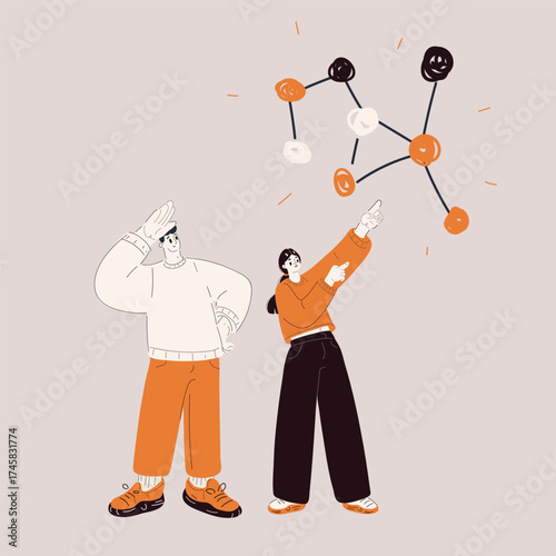 Cartoon vector illustration of a man and woman pointing at constellations or a diagram in the sky as a metaphor for curiosity, exploration, and shared dreams