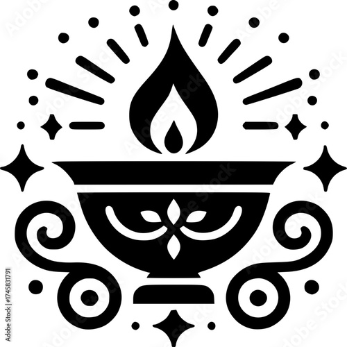 Diya, a symbol of light and auspiciousness: A stylized illustration of a diya, an oil lamp, radiates brilliance, symbolizing light, hope, and the triumph of good over evil.