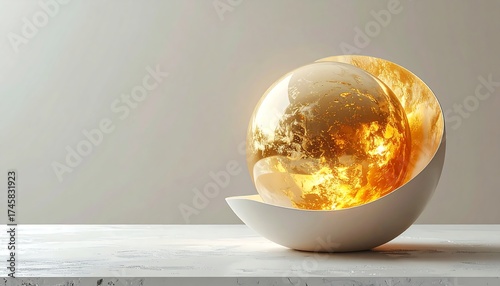 Illuminated Golden Sphere in a Conceptual Vessel