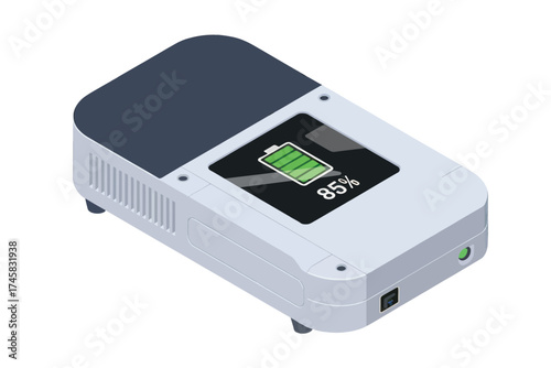 Modern portable battery charger device with power indicator display for on-the-go charging needs isolated on white background