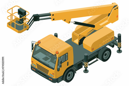 Yellow aerial work platform truck for construction and maintenance tasks high above the ground isolated on white background